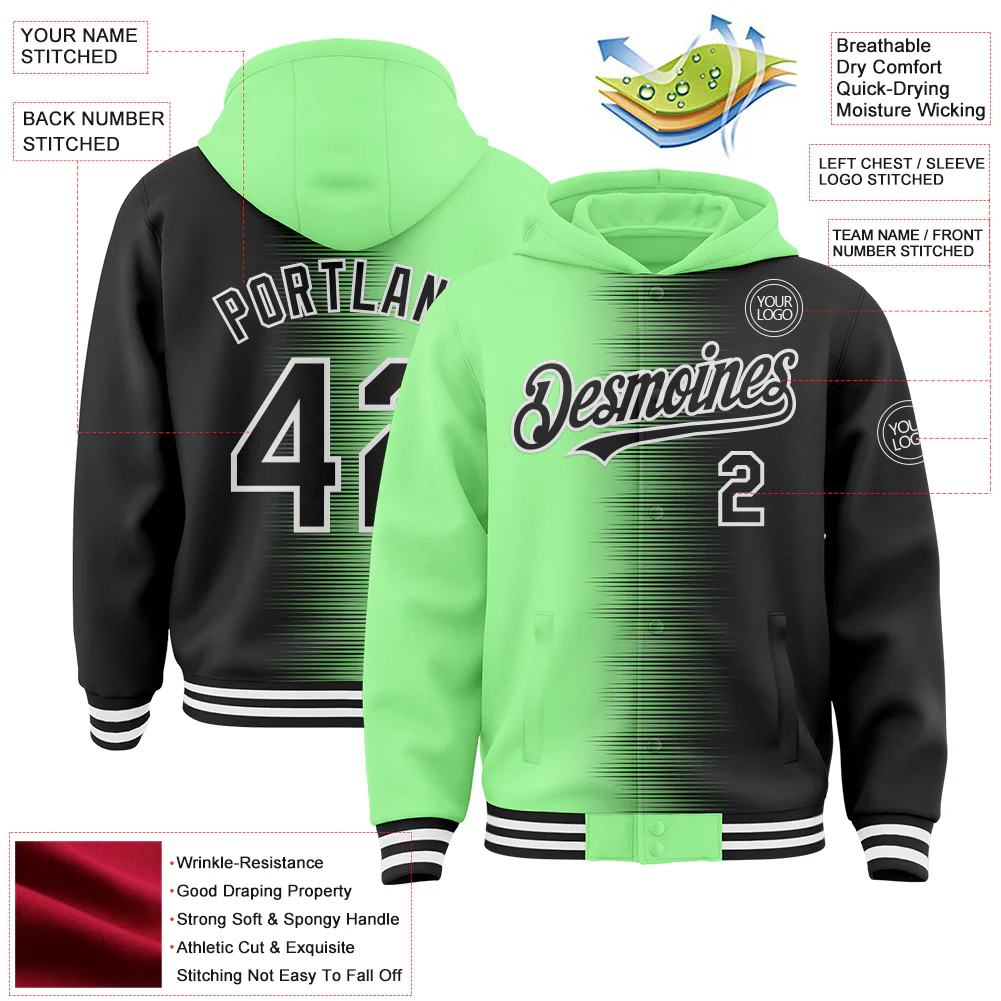 Custom Pea Green Black-White Gradient Line Bomber Full-Snap Varsity Letterman Hoodie Jacket - Image 4