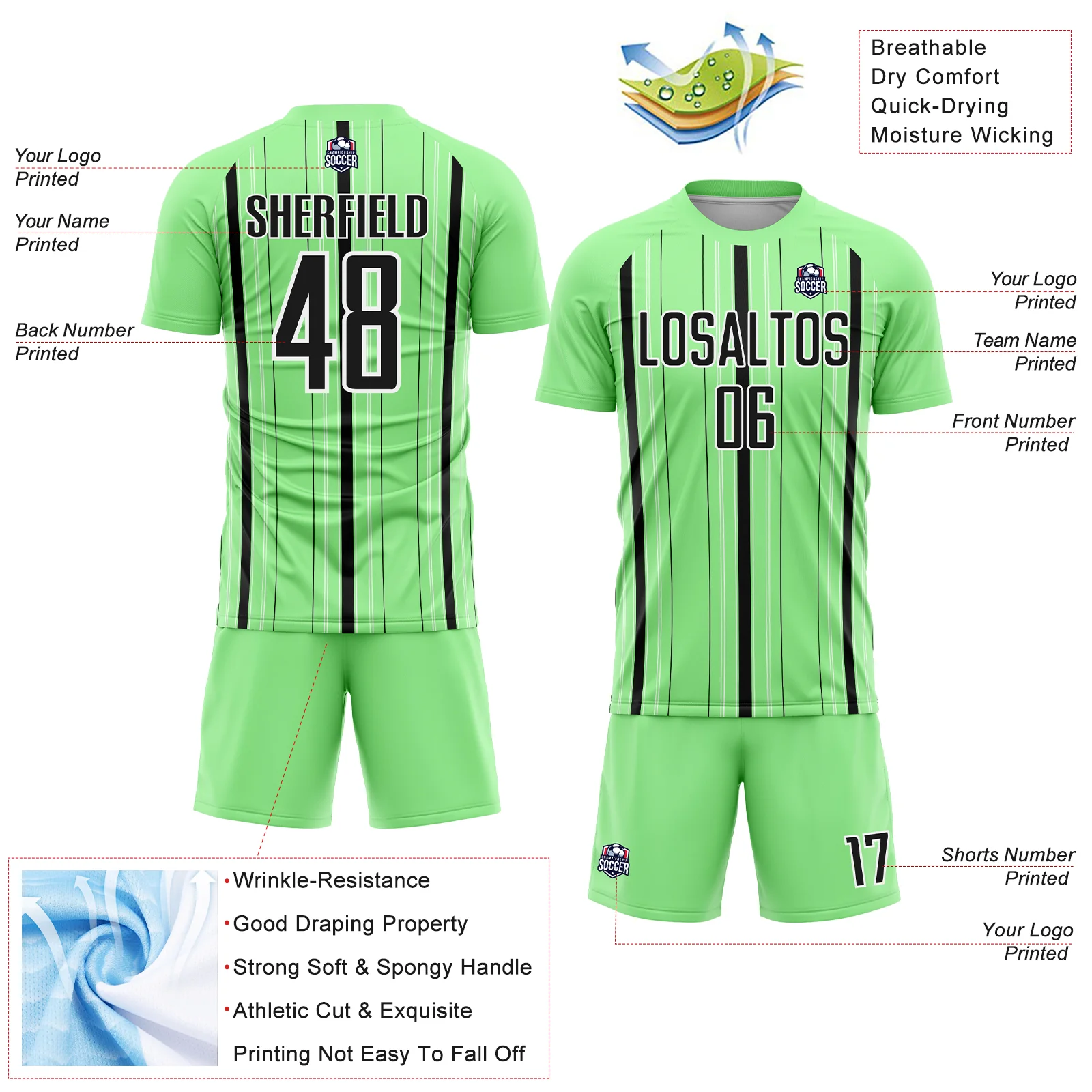 Custom Pea Green Black-White Stripe Sublimation Soccer Uniform Jersey - Image 4