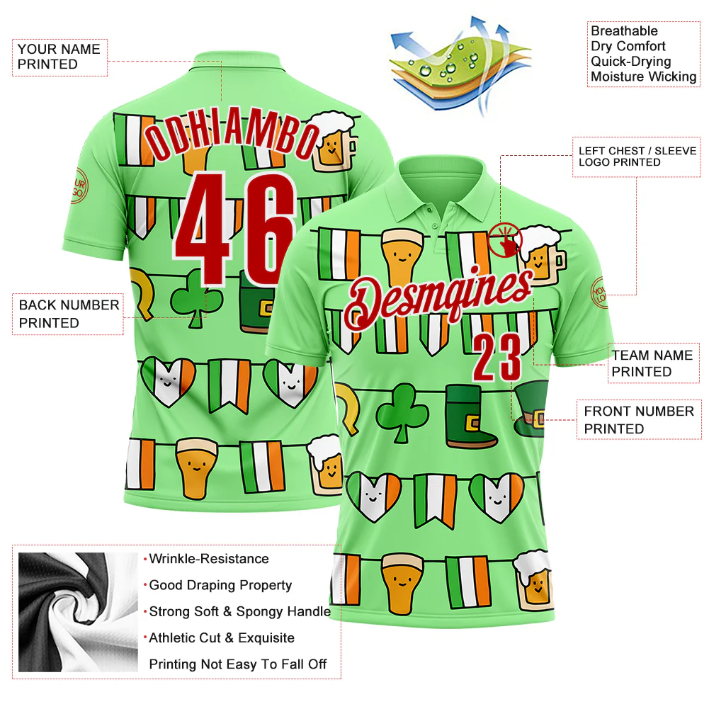 Custom Pea Green Red-White 3D St. Patrick's Day Shamrock Performance Polo Shirt - Image 3