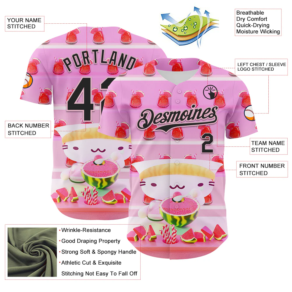 Custom Pink Black-Light Pink 3D Cindy Suen Watermelon Smoothies Authentic Baseball Jersey - Image 3