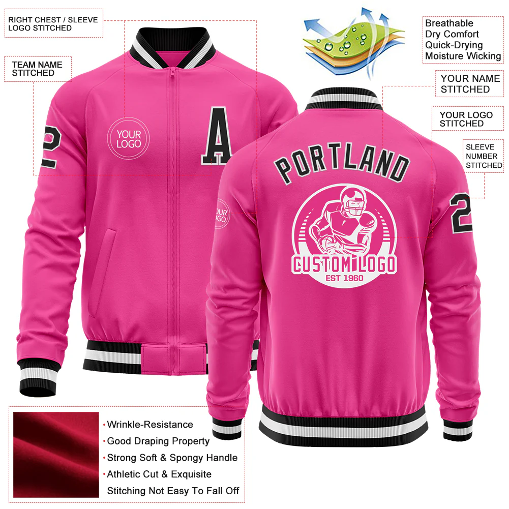 Custom Pink Black-White Bomber Varsity Letterman Zipper Jacket - Image 4