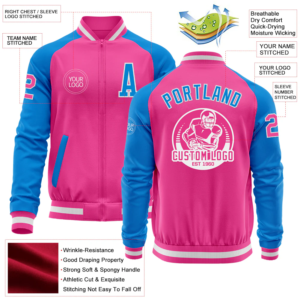 Custom Pink White-Powder Blue Bomber Varsity Letterman Two Tone Zipper Jacket - Image 4