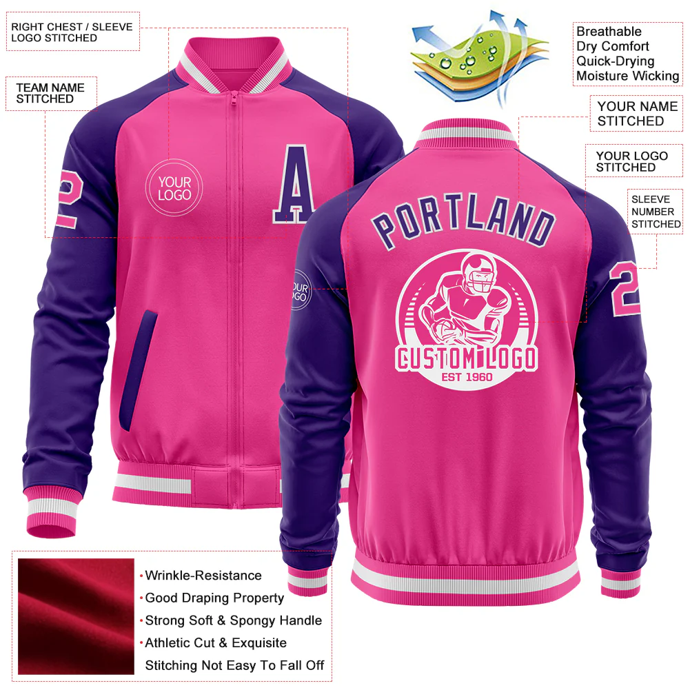 Custom Pink White-Purple Bomber Varsity Letterman Two Tone Zipper Jacket - Image 4