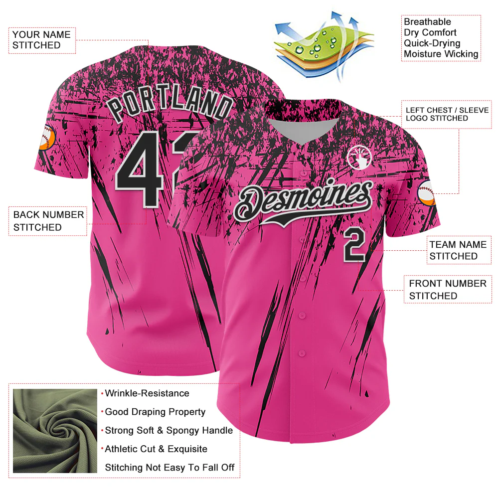 Custom Pink Black-White Distressed Scratch Brush Stroke Authentic Baseball Jersey - Image 3
