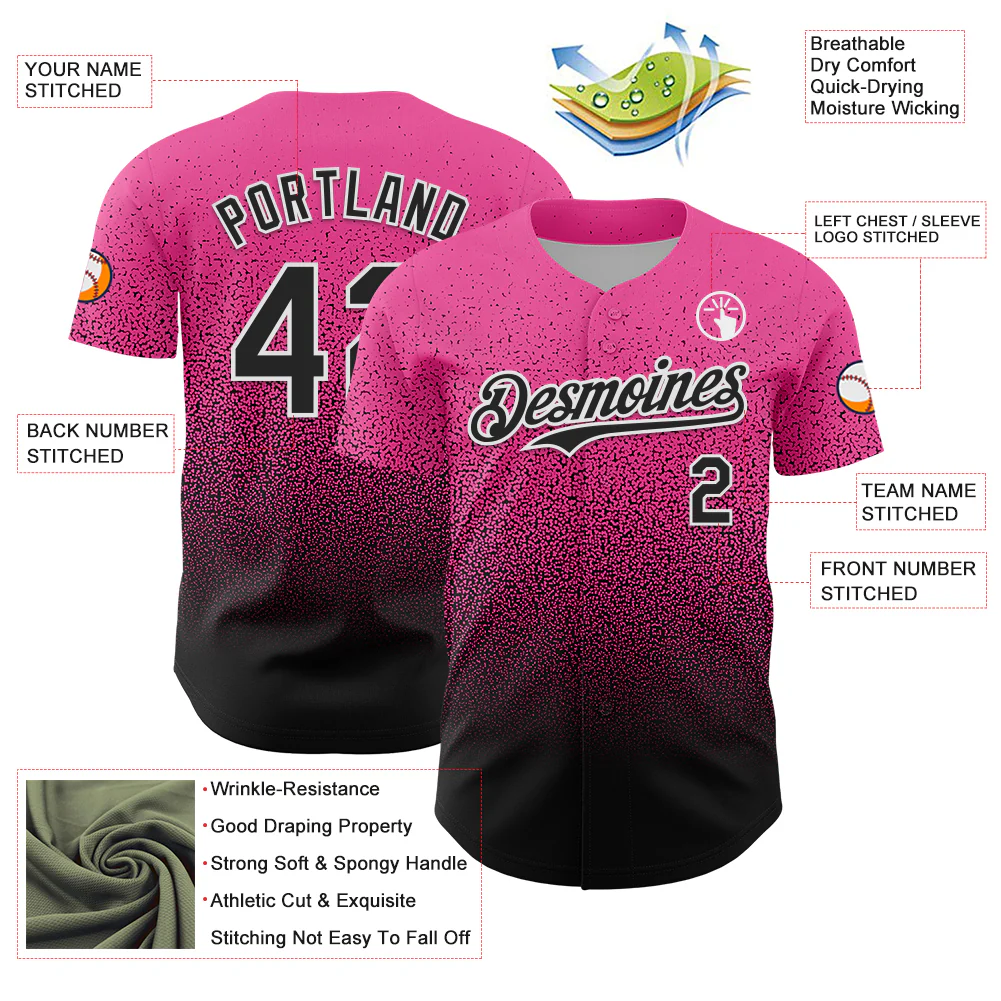 Custom Pink Black-White Fade Fashion Speckle Authentic Baseball Jersey - Image 3