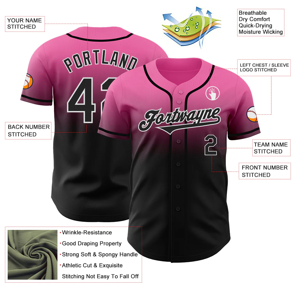Custom Pink Black-White Authentic Fade Fashion Baseball Jersey - Image 3