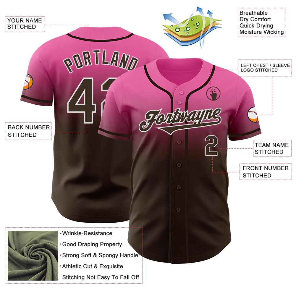 Custom Pink Brown-White Authentic Fade Fashion Baseball Jersey - Image 3