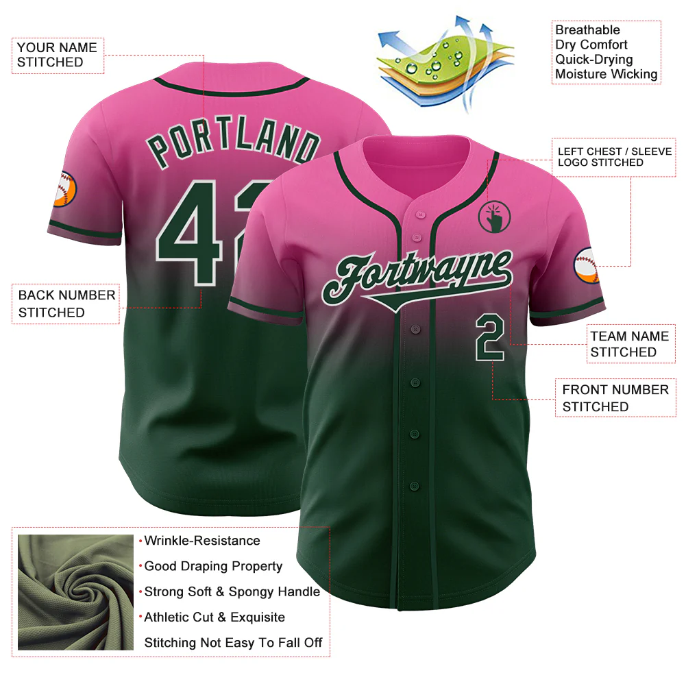 Custom Pink Green-White Authentic Fade Fashion Baseball Jersey - Image 3