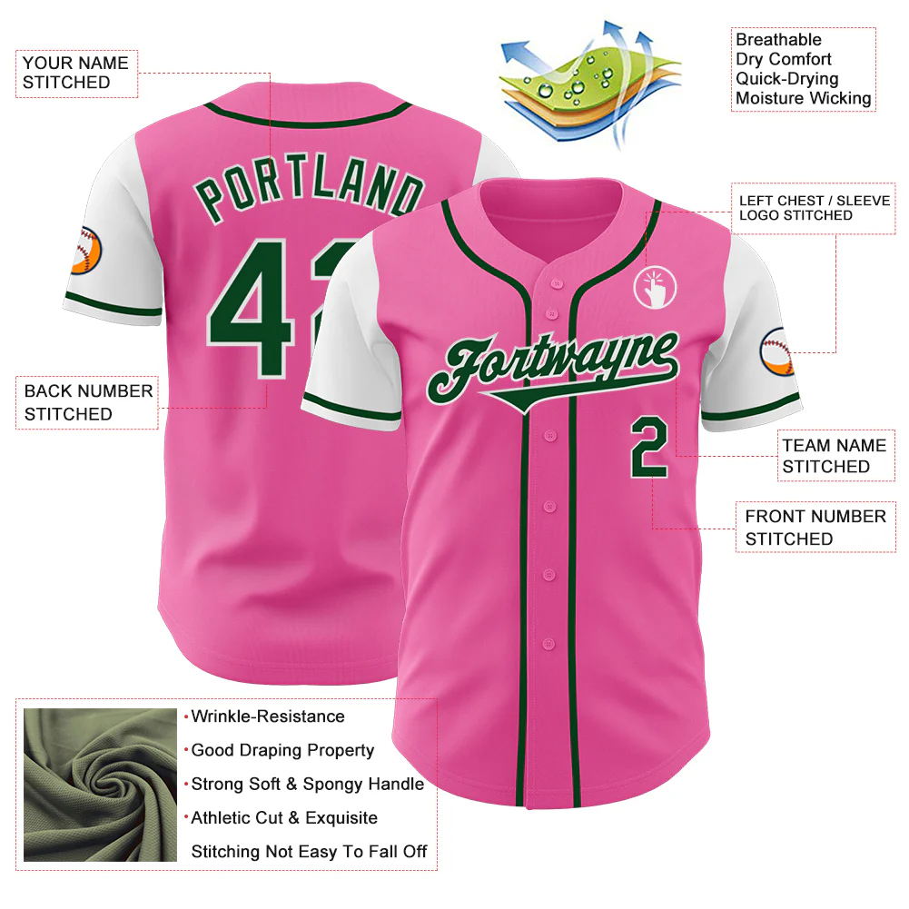 Custom Pink Green-White Authentic Two Tone Baseball Jersey - Image 3