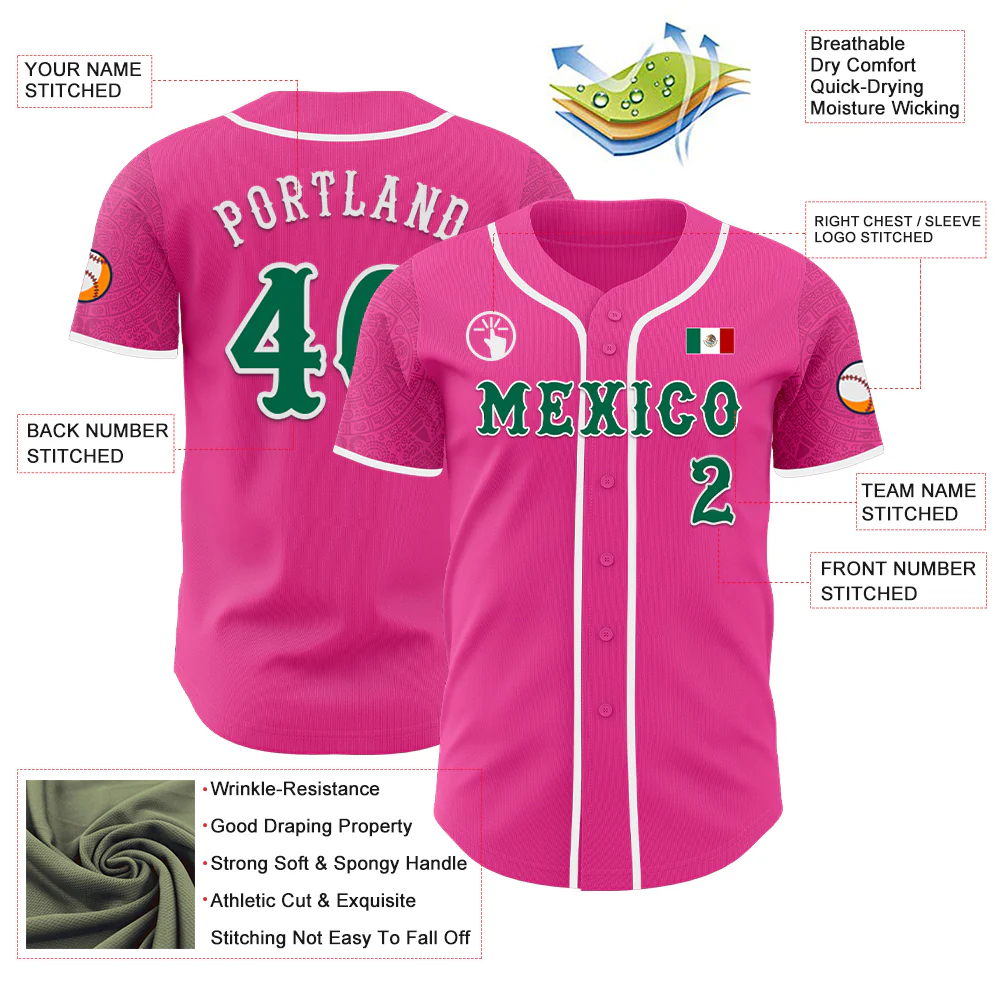 Custom Pink Kelly Green-White 3D Mexico Mexican Flag Authentic Baseball Jersey - Image 3