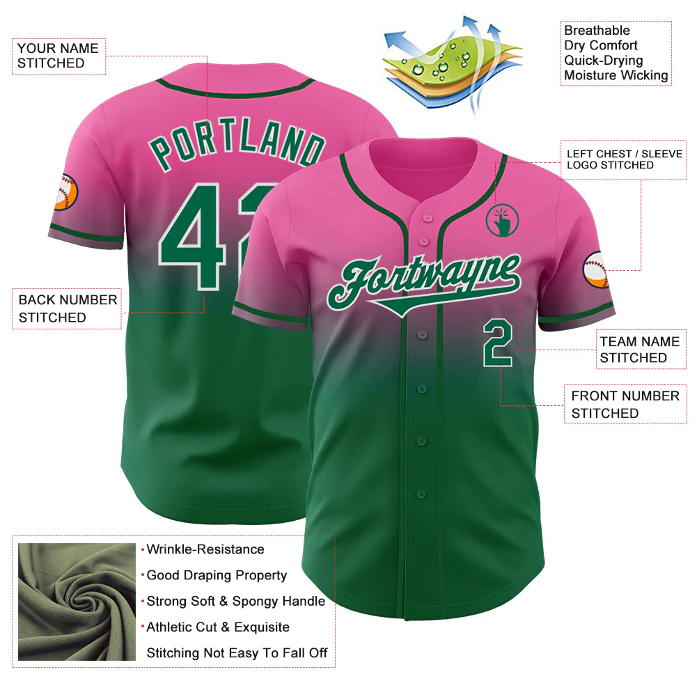 Custom Pink Kelly Green-White Authentic Fade Fashion Baseball Jersey - Image 3