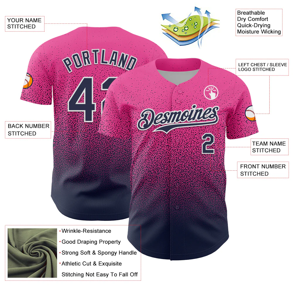 Custom Pink Navy-White Fade Fashion Speckle Authentic Baseball Jersey - Image 3