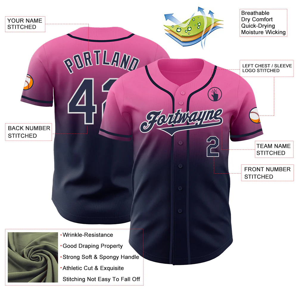 Custom Pink Navy-White Authentic Fade Fashion Baseball Jersey - Image 3