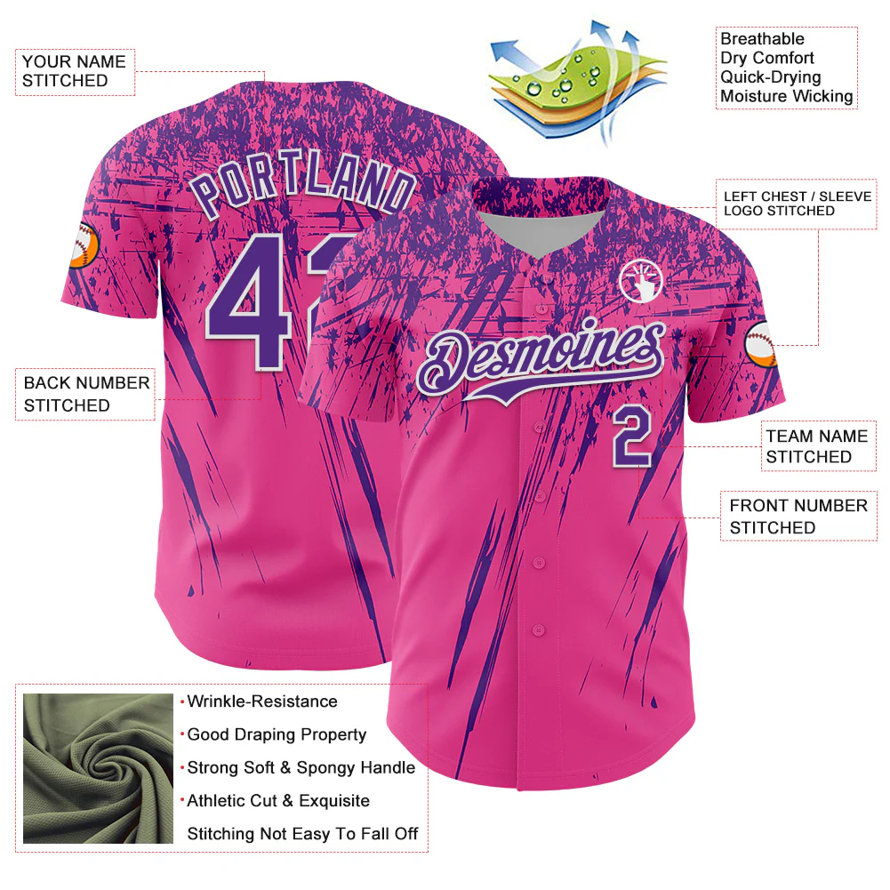 Custom Pink Purple-White Distressed Scratch Brush Stroke Authentic Baseball Jersey - Image 3