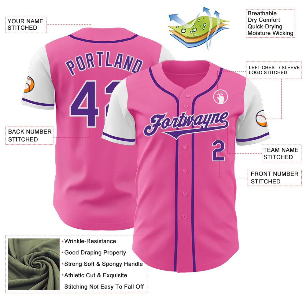 Custom Pink Purple-White Authentic Two Tone Baseball Jersey - Image 3