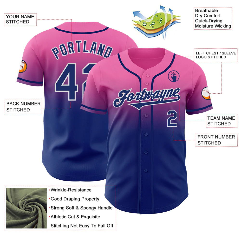 Custom Pink Royal-White Authentic Fade Fashion Baseball Jersey - Image 3