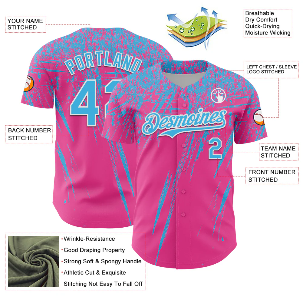 Custom Pink Sky Blue-White Distressed Scratch Brush Stroke Authentic Baseball Jersey - Image 3