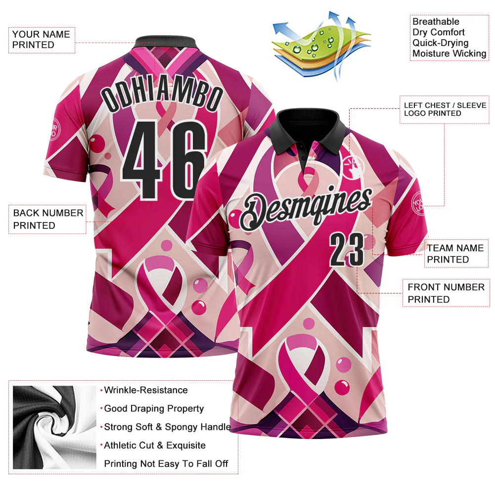 Custom Pink Black-White 3D Pink Ribbon Breast Cancer Awareness Month Women Health Care Support Performance Polo Shirt - Image 3