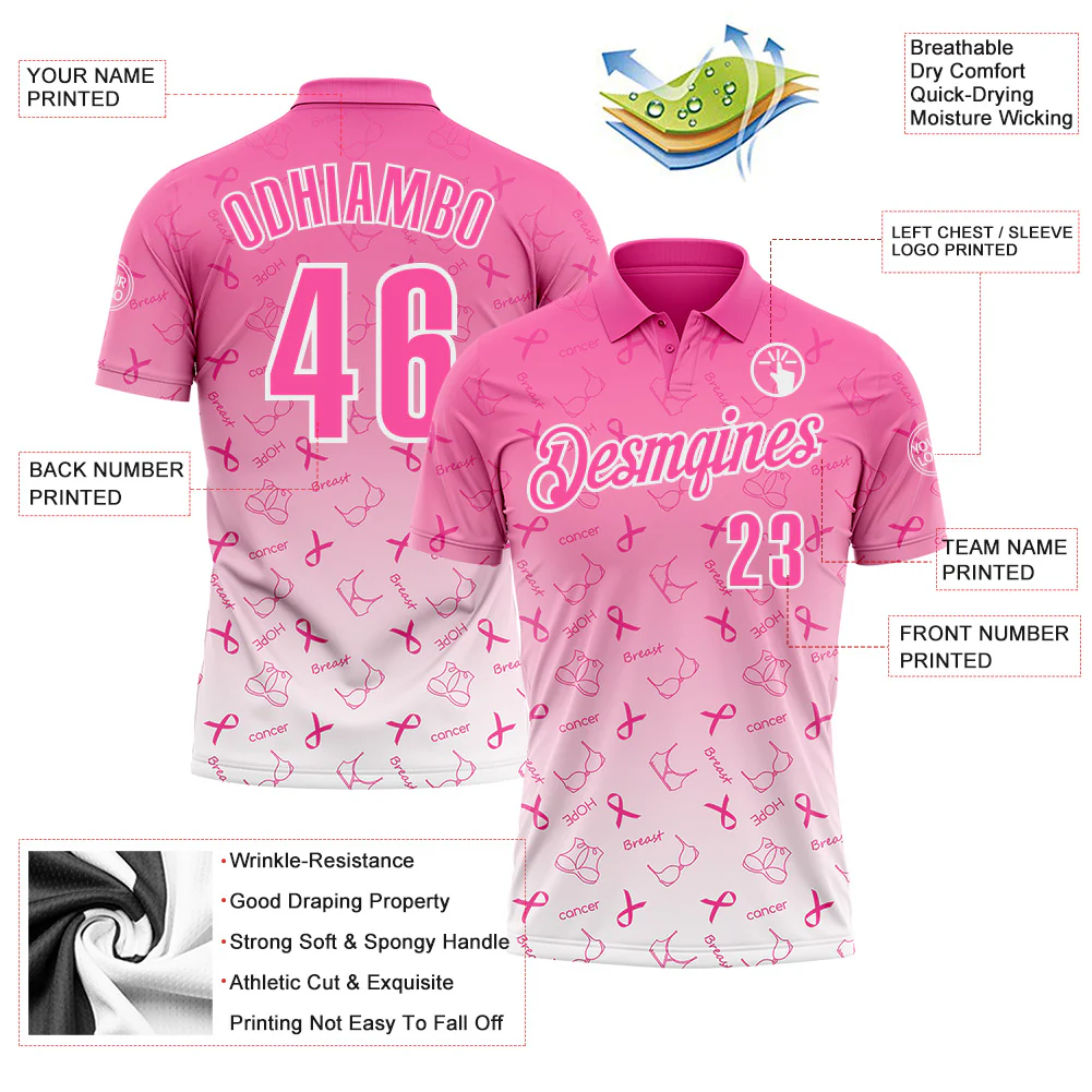 Custom Pink White 3D Gradient Pink Ribbon Breast Cancer Awareness Month Women Health Care Support Performance Polo Shirt - Image 3