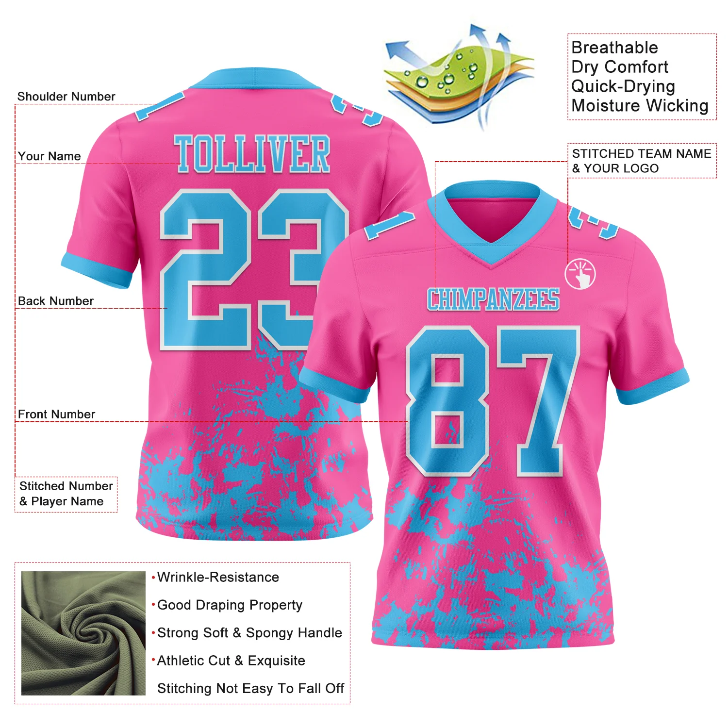 Custom Pink Sky Blue-White 3D Pattern Splash Authentic Football Jersey - Image 3