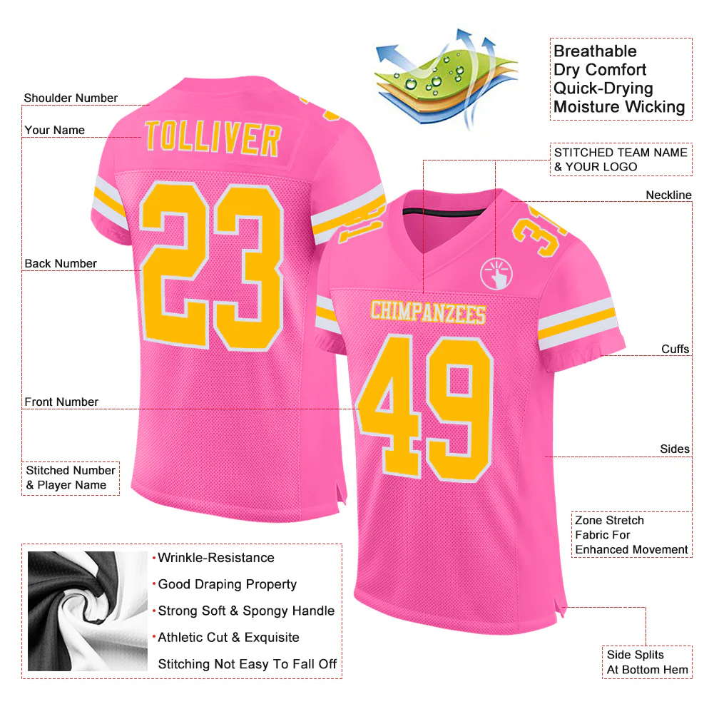 Custom Pink Gold-White Mesh Authentic Football Jersey - Image 2