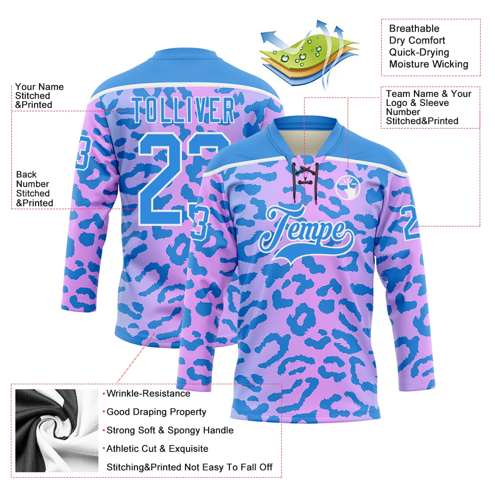 Custom Pink Powder Blue-White Leopard Print Neon Hockey Lace Neck Jersey - Image 5