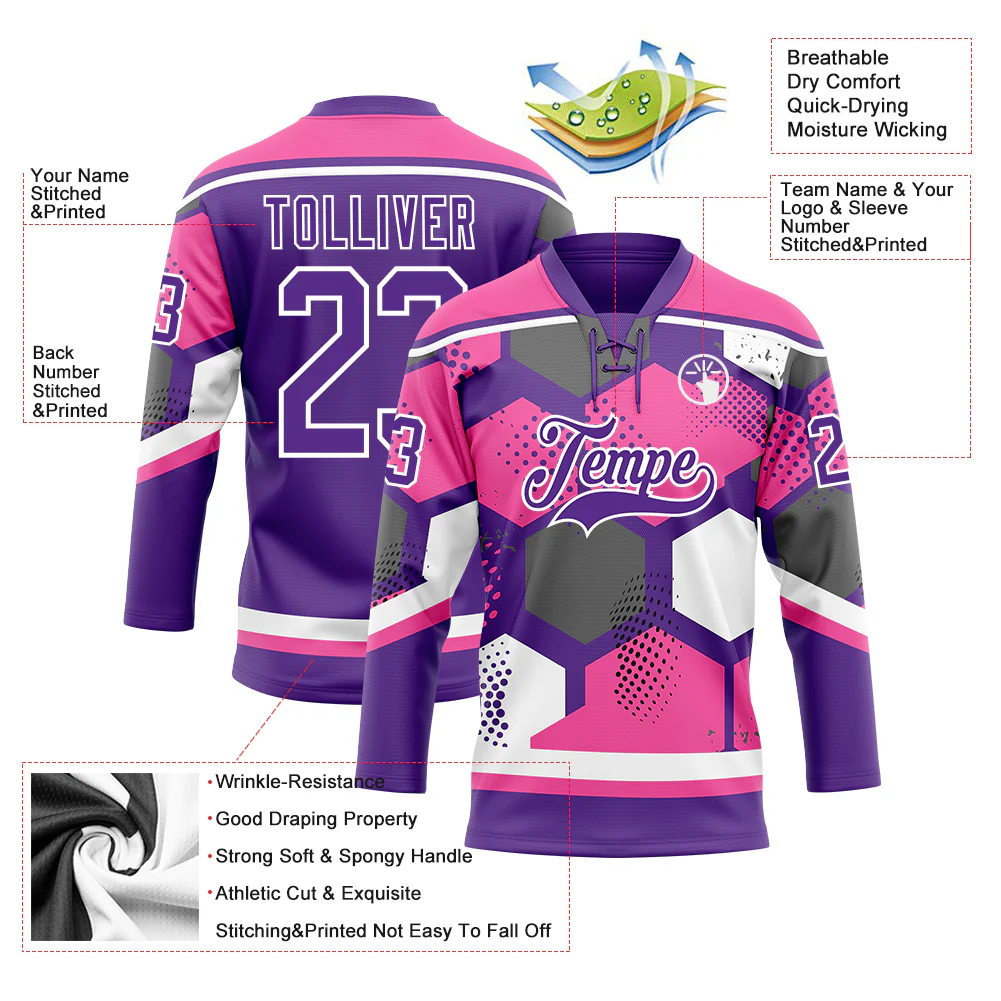 Custom Pink Purple-White 3D Pattern Geometric Shape Hockey Lace Neck Jersey - Image 5