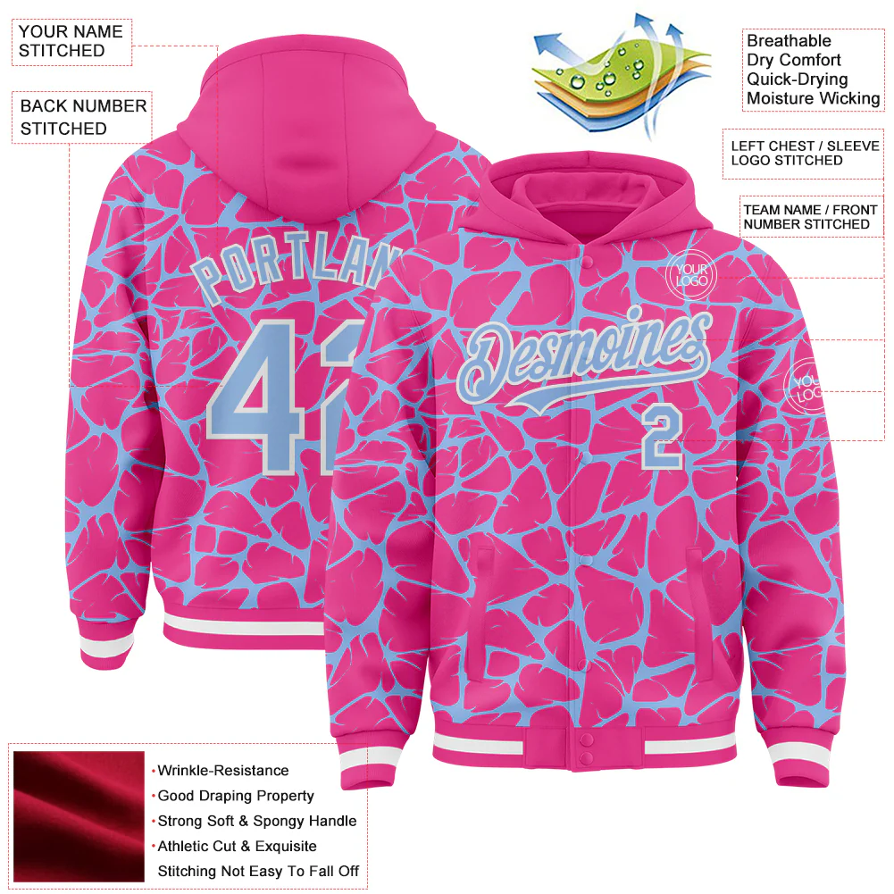 Custom Pink Light Blue-White Abstract Network Bomber Full-Snap Varsity Letterman Hoodie Jacket - Image 4