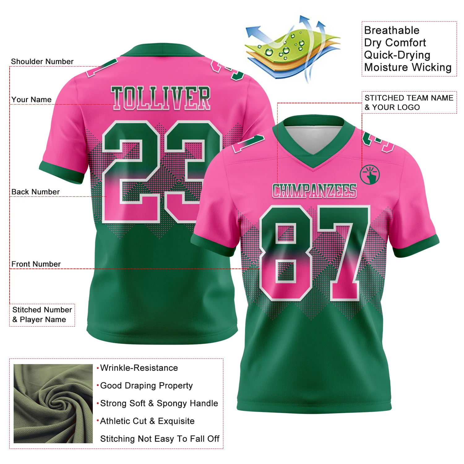 Custom Pink Kelly Green-White Authentic Gradient Square Shape Flag Football Jersey - Image 2