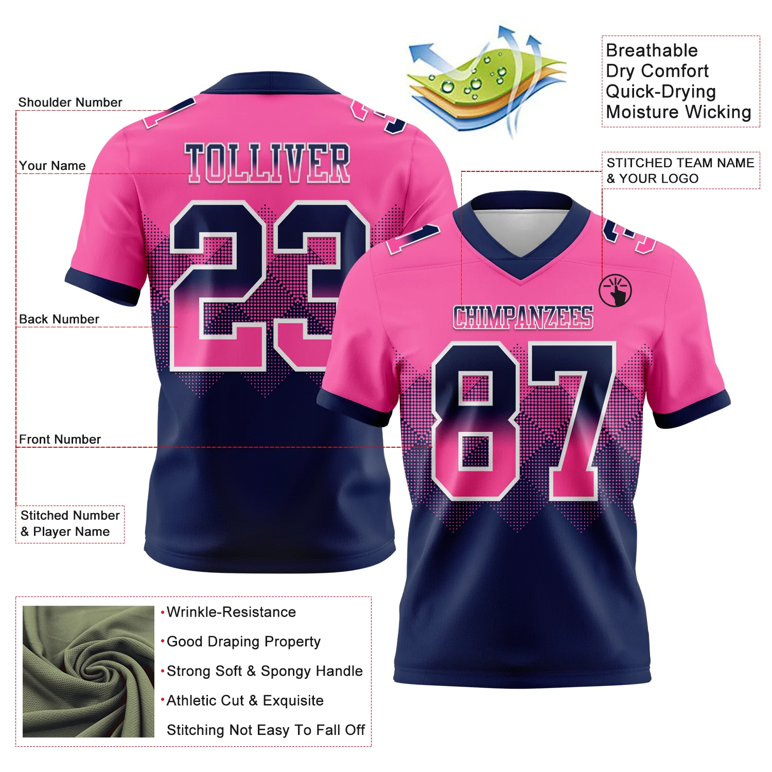 Custom Pink Navy-White Authentic Gradient Square Shape Flag Football Jersey - Image 2