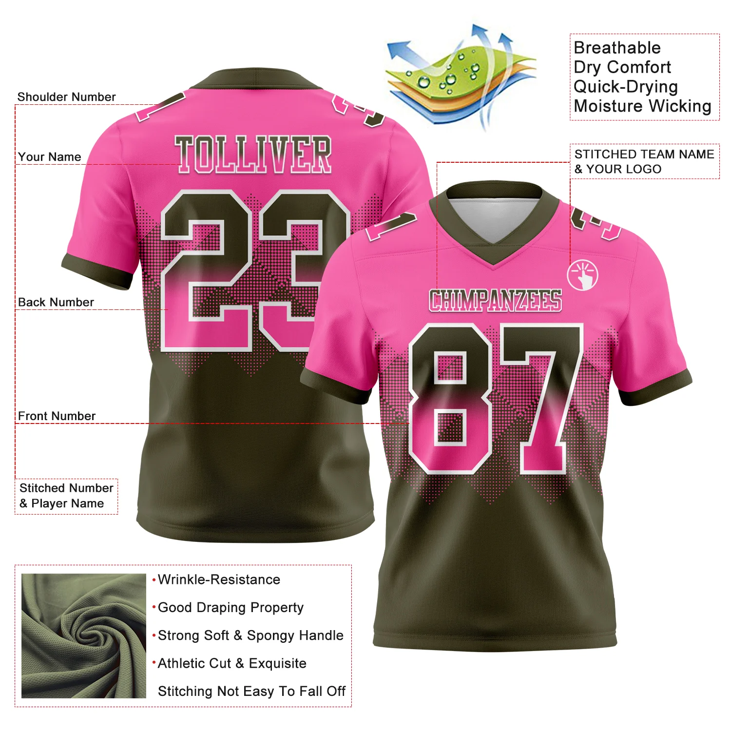 Custom Pink Olive-White Authentic Gradient Square Shape Flag Football Jersey - Image 2