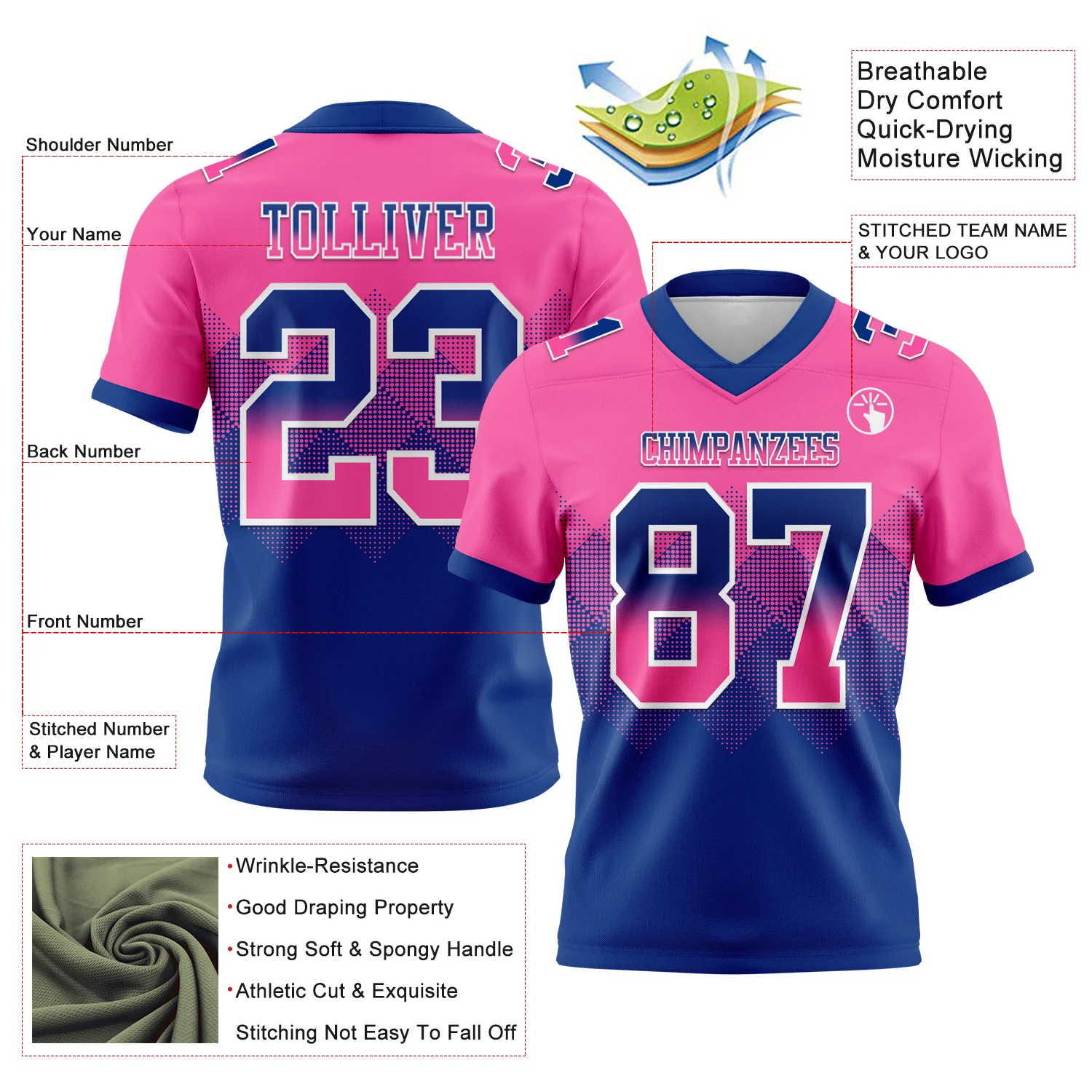 Custom Pink Royal-White Authentic Gradient Square Shape Flag Football Jersey - Image 2