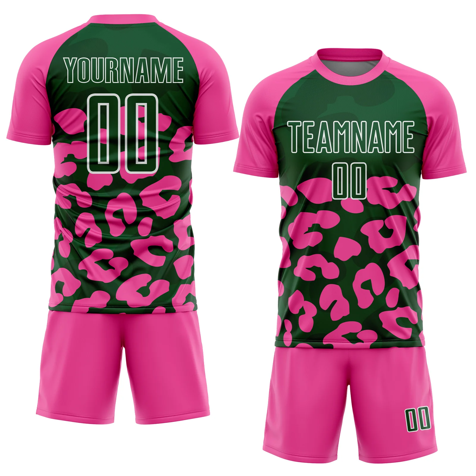 Custom Pink Green-White Animal Leopard Print Sports Sublimation Soccer Uniform Jersey - Image 2