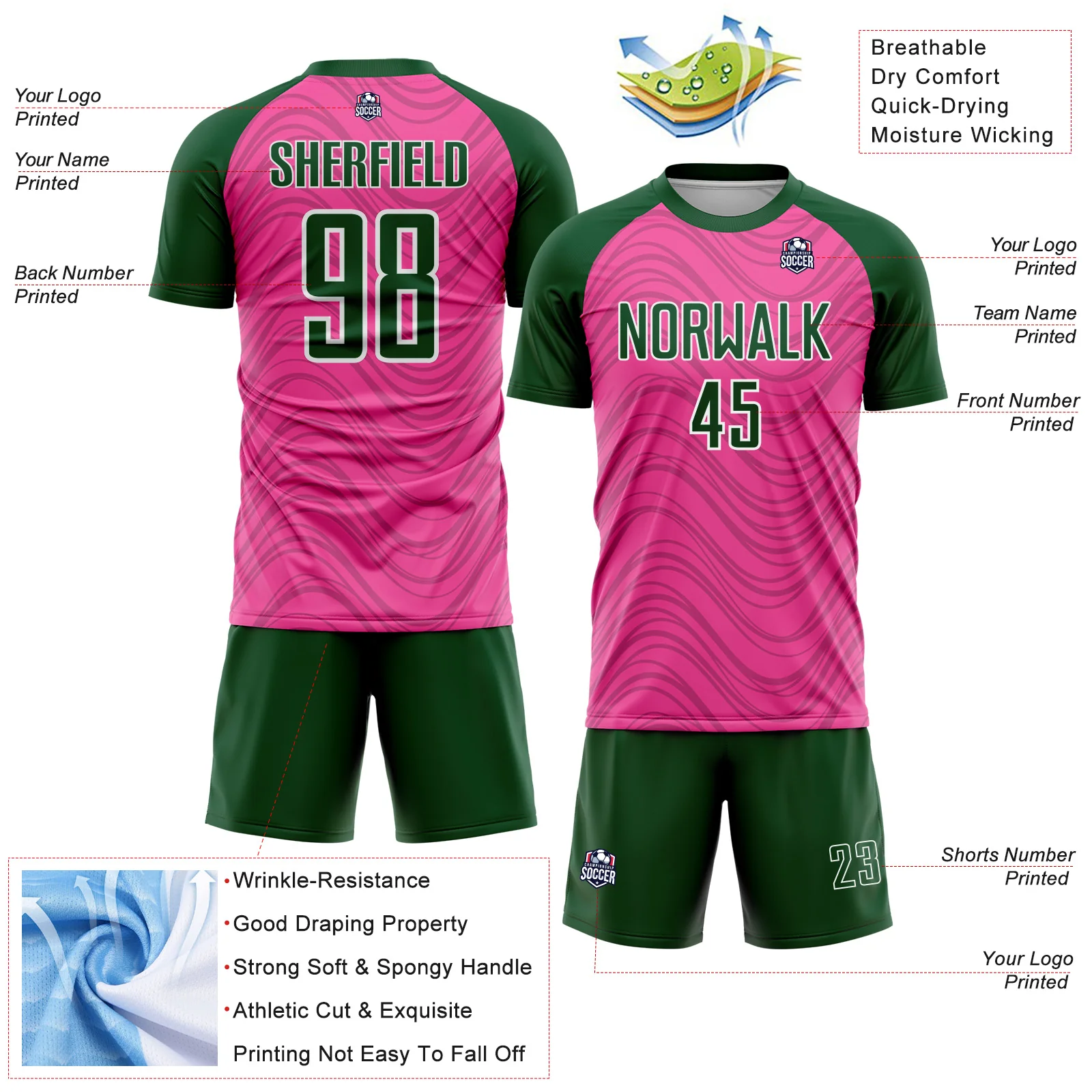 Custom Pink Green-White Wavy Lines Sports Sublimation Soccer Uniform Jersey - Image 4