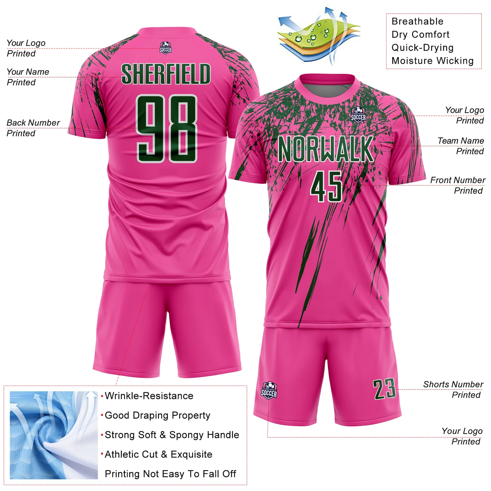 Custom Pink Green-White Splash Sports Sublimation Soccer Uniform Jersey - Image 4