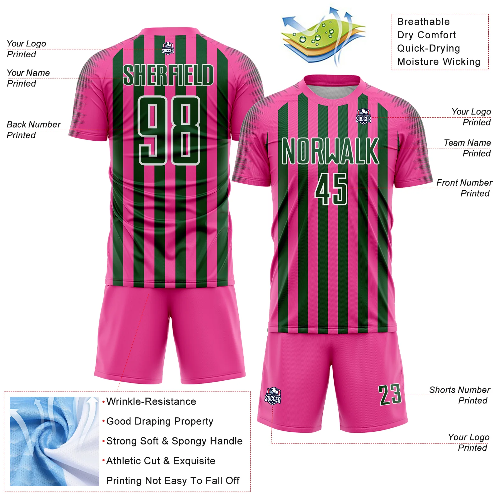 Custom Pink Green-White Stripe Sports Sublimation Soccer Uniform Jersey - Image 4