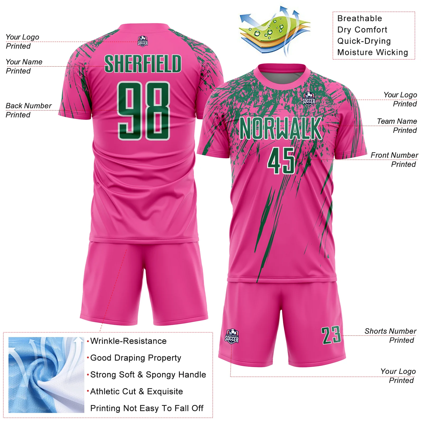 Custom Pink Kelly Green-White Splash Sports Sublimation Soccer Uniform Jersey - Image 4