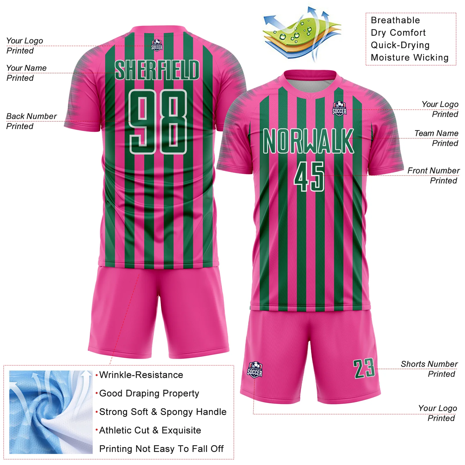 Custom Pink Kelly Green-White Stripe Sports Sublimation Soccer Uniform Jersey - Image 4