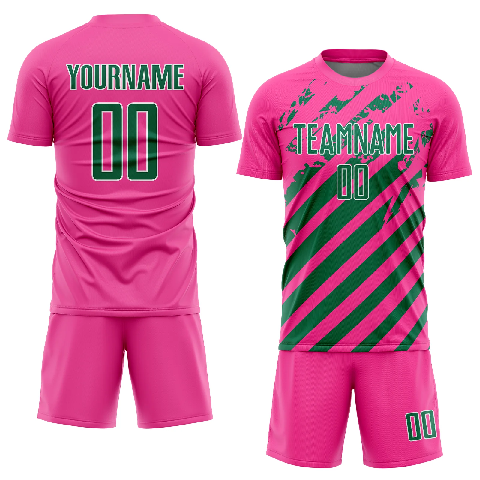 Custom Pink Kelly Green-White Distressed Diagonal Stripe Pattern Sports Sublimation Soccer Uniform Jersey - Image 2