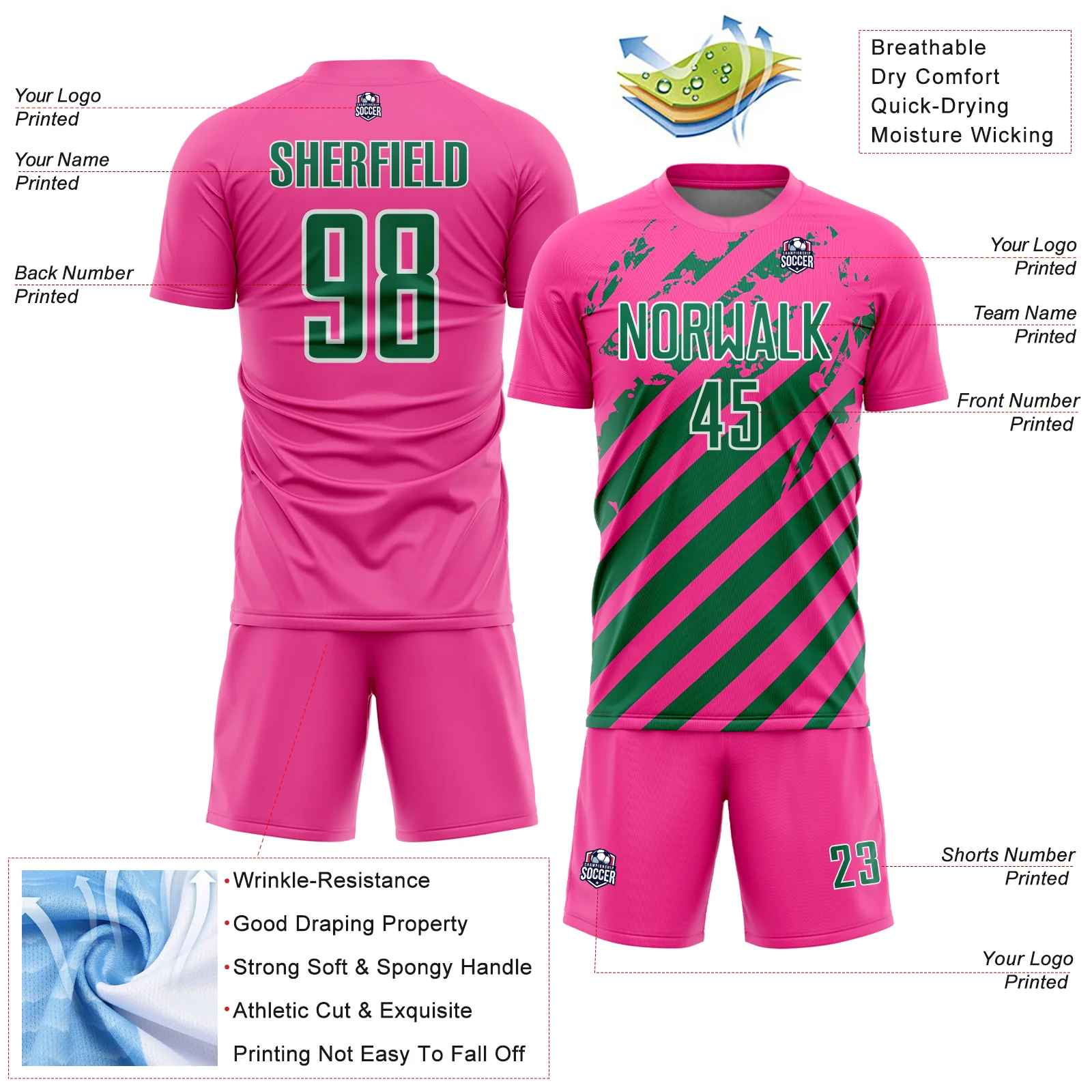 Custom Pink Kelly Green-White Distressed Diagonal Stripe Pattern Sports Sublimation Soccer Uniform Jersey - Image 4