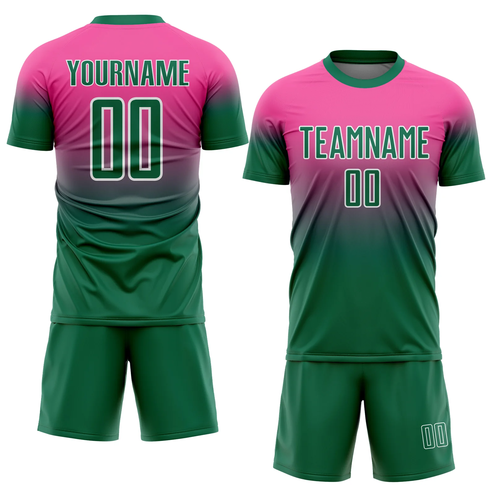 Custom Pink Kelly Green-White Fade Fashion Sublimation Soccer Uniform Jersey - Image 2