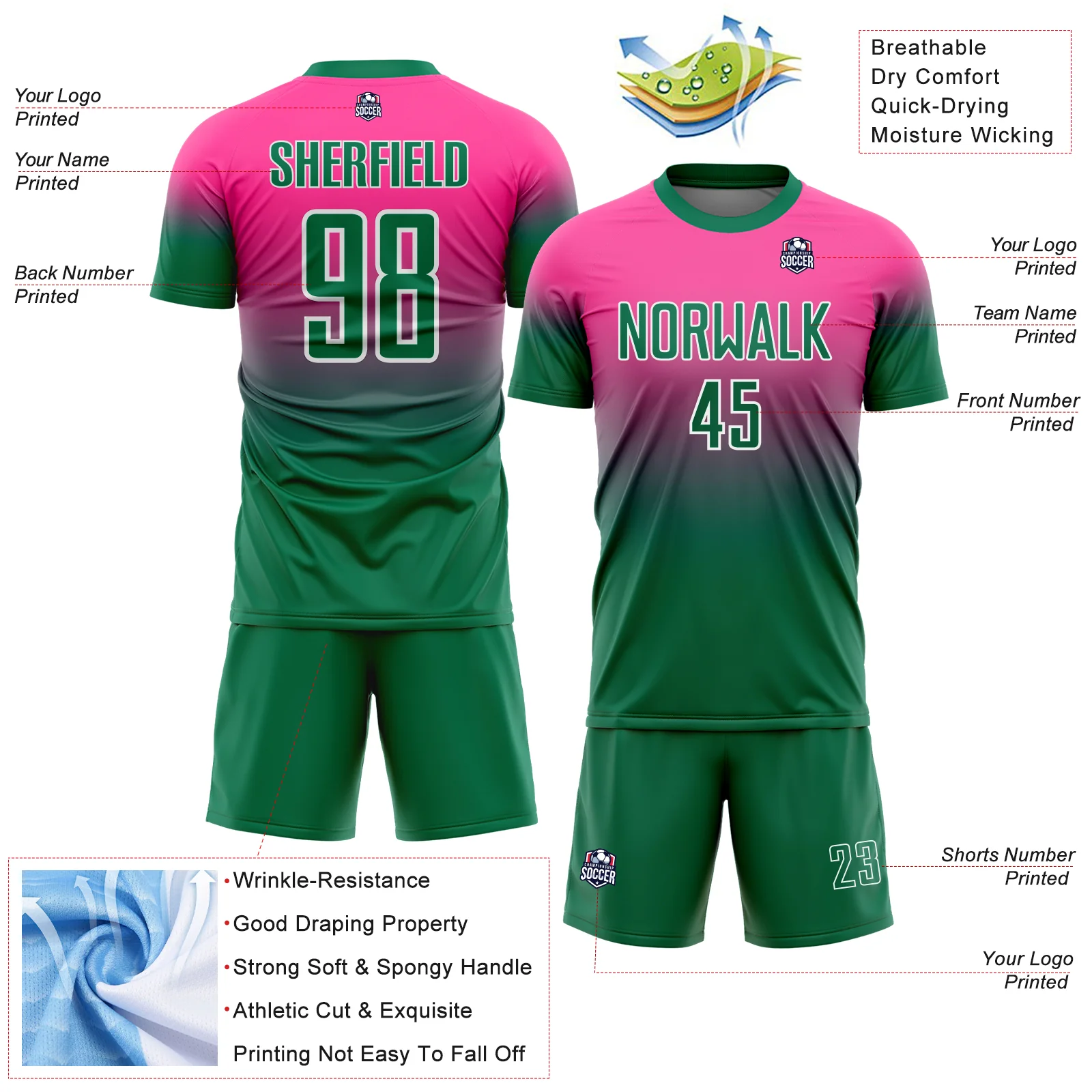 Custom Pink Kelly Green-White Fade Fashion Sublimation Soccer Uniform Jersey - Image 4