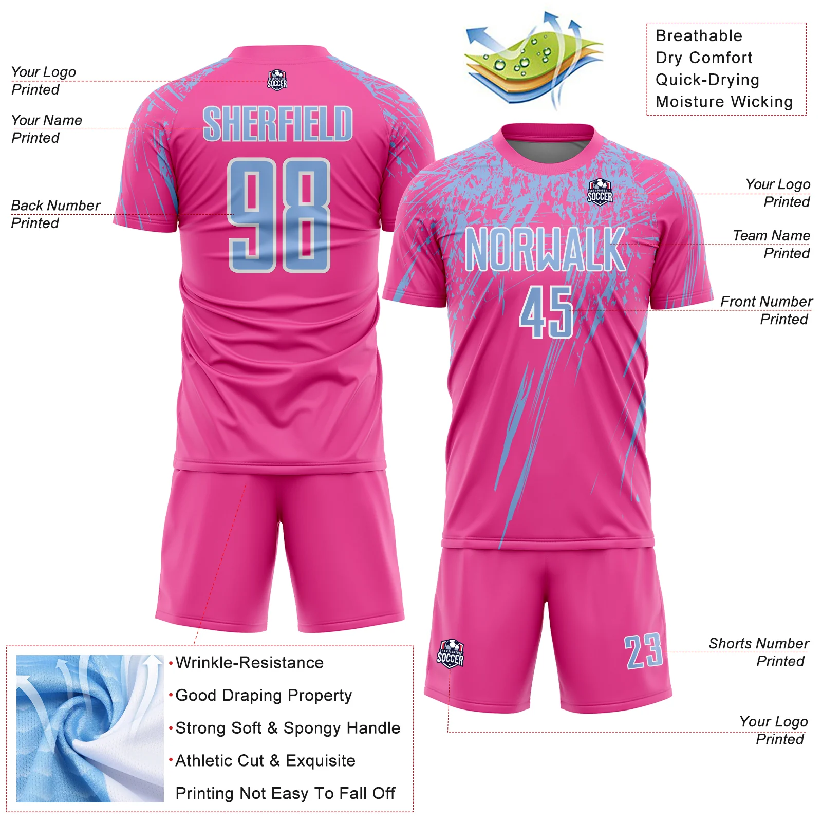 Custom Pink Light Blue-White Splash Sports Sublimation Soccer Uniform Jersey - Image 4