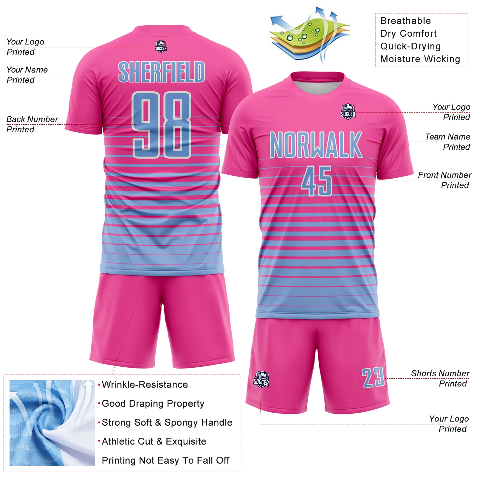 Custom Pink Light Blue-White Gradient Pinstripe Sublimation Soccer Uniform Jersey - Image 4