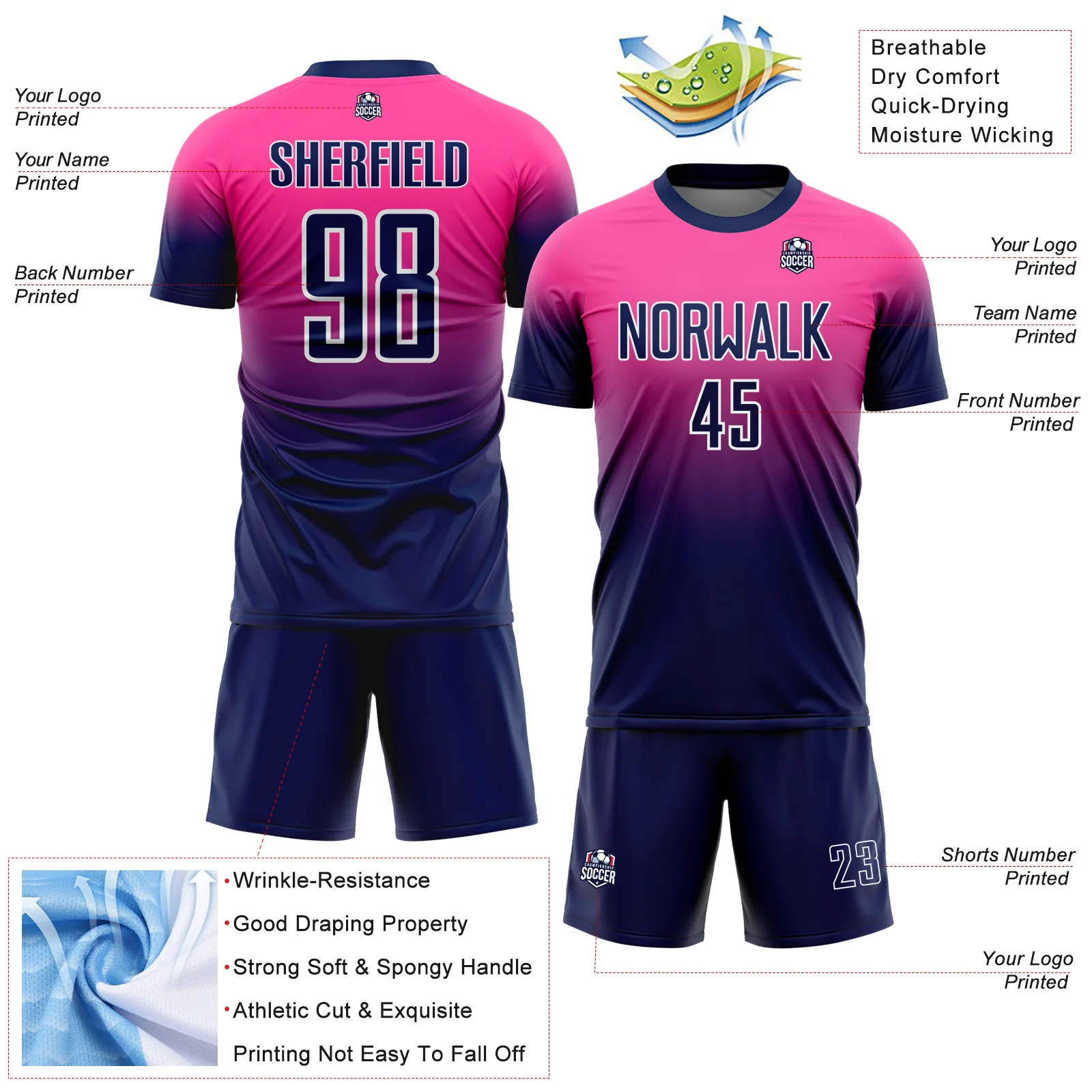 Custom Pink Navy-White Fade Fashion Sublimation Soccer Uniform Jersey - Image 4