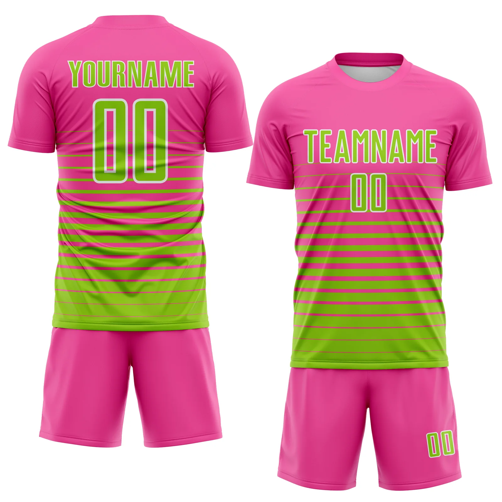 Custom Pink Neon Green-White Gradient Pinstripe Sublimation Soccer Uniform Jersey - Image 2