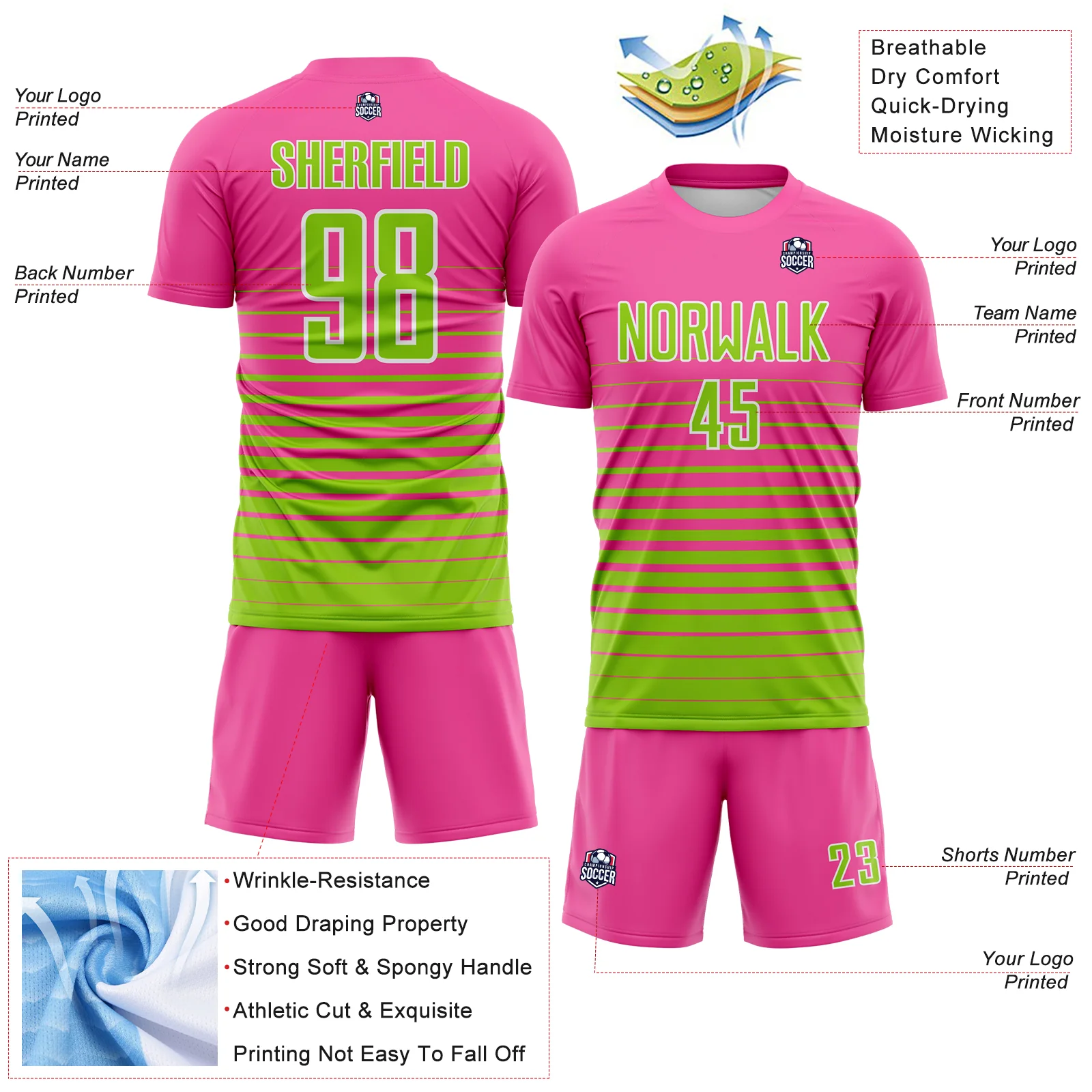 Custom Pink Neon Green-White Gradient Pinstripe Sublimation Soccer Uniform Jersey - Image 4