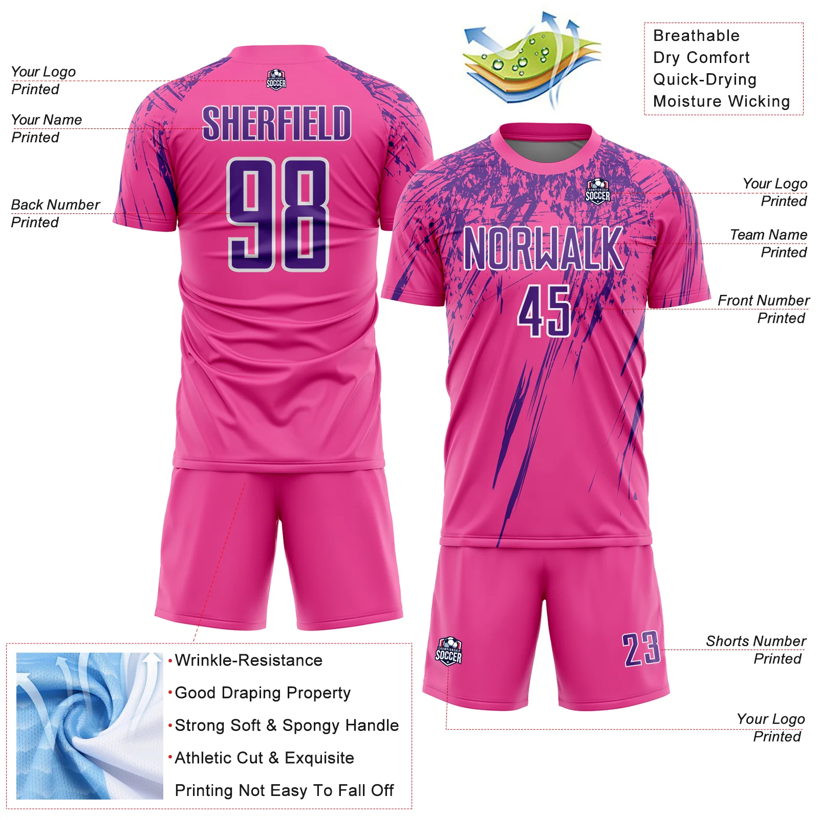 Custom Pink Purple-White Splash Sports Sublimation Soccer Uniform Jersey - Image 4