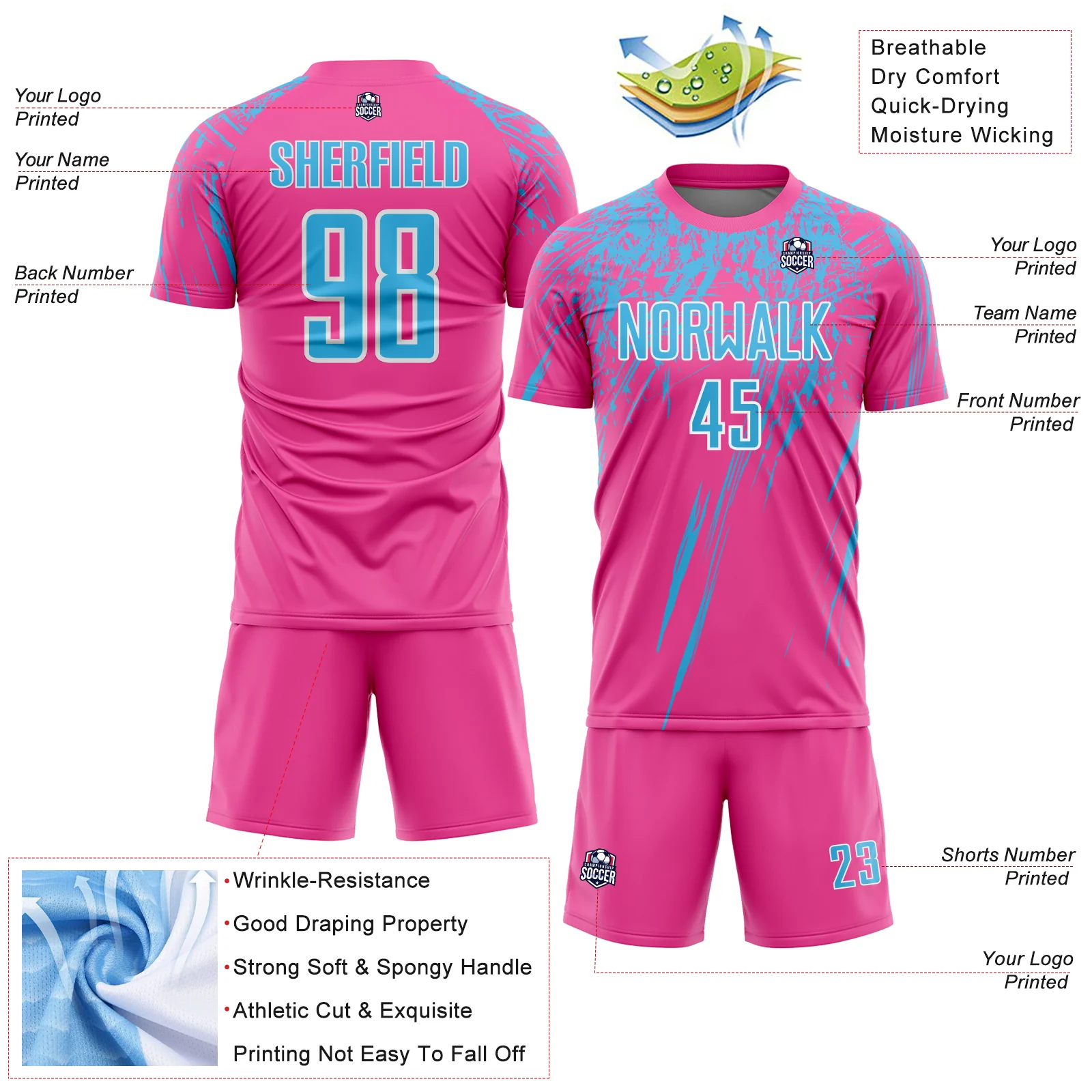 Custom Pink Sky Blue-White Splash Sports Sublimation Soccer Uniform Jersey - Image 4