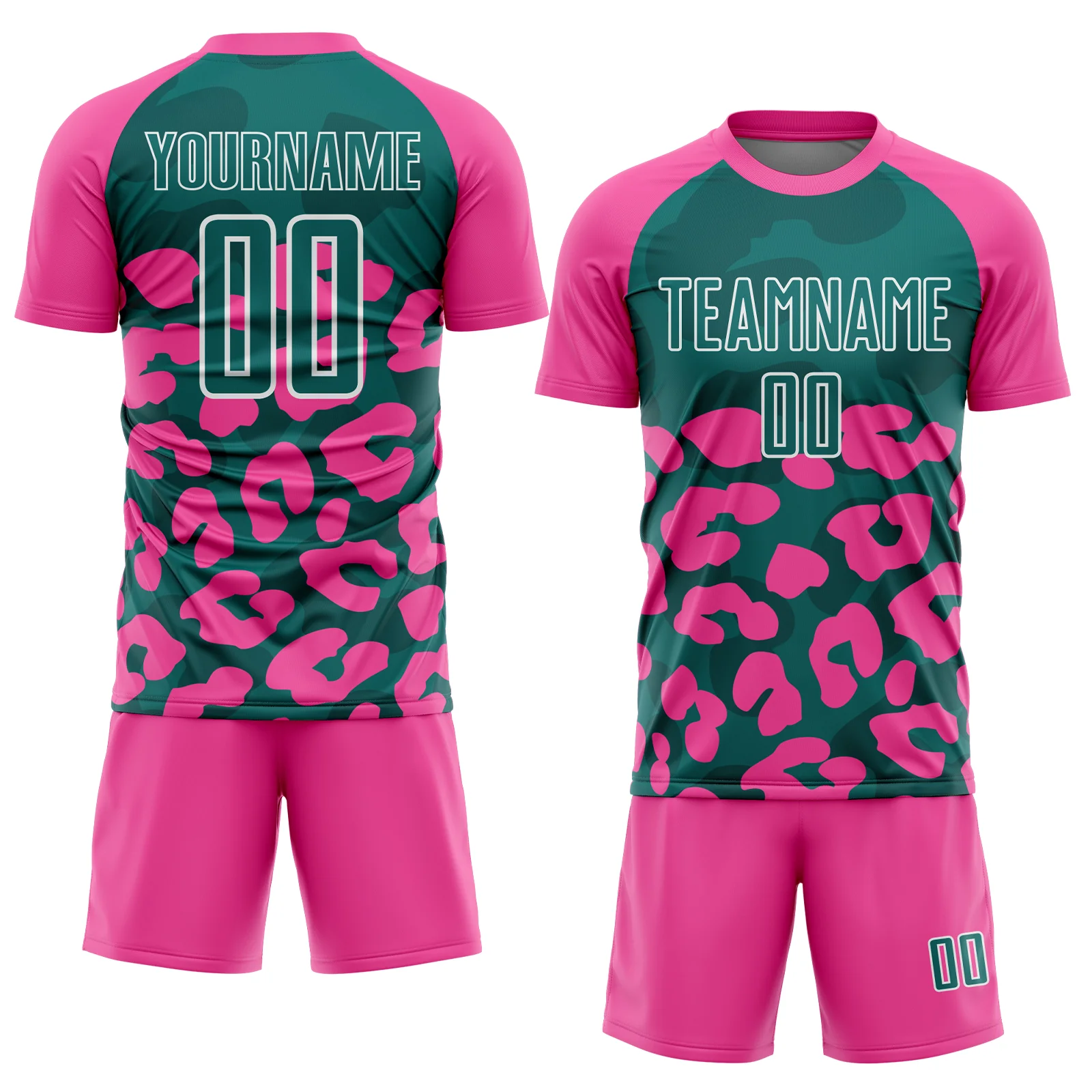 Custom Pink Teal-White Animal Leopard Print Sports Sublimation Soccer Uniform Jersey - Image 2